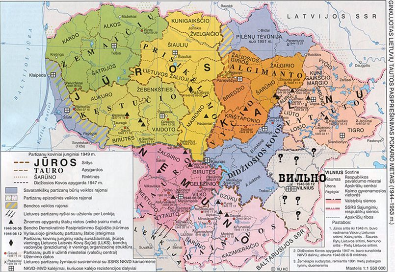 Partizanų grupių atsakomybių zonų žemėlapis lietuviškame vadovėlyje / Foto: http://guns.allzip.org